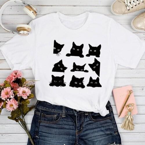 T-shirts Women Cat Face Happy Time Cute 2021 Pet Clothing Spring Summer Tshirt Top Lady Stylish Girl Print Clothes Tee T-Shirt