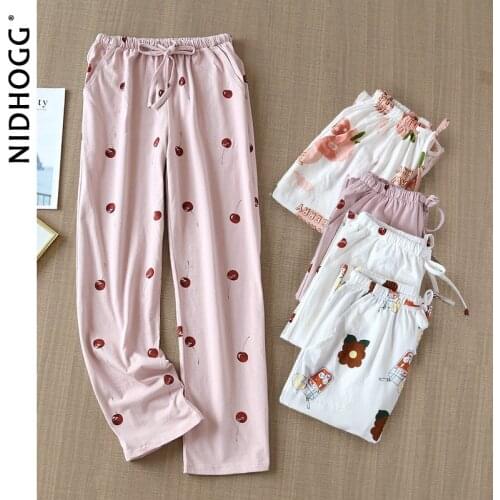 Womens Pyjama Bottoms Autumn Knitted Cotton Thin Lounge Pants Cartoon Printing Elastic Loose Home Pants Loungewear Sleepwear