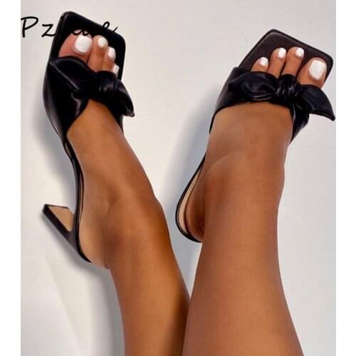 Pzilae New black PU leather high heels square open toe ladies slides for summer fashion shoes with bow slippers with heels shoes