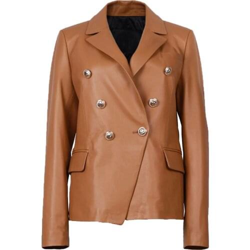 YOLOAgain 5 colors Women Genuine Leather Blazer Double Breasted Real Sheepskin Jacket