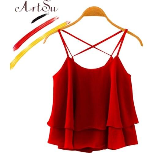 ArtSu 2018 Plain Wine Red Spaghetti Strap Chiffon Camisa Camisole Tank Top Women Summer Ruffles Casual Tops Blusa Black Green
