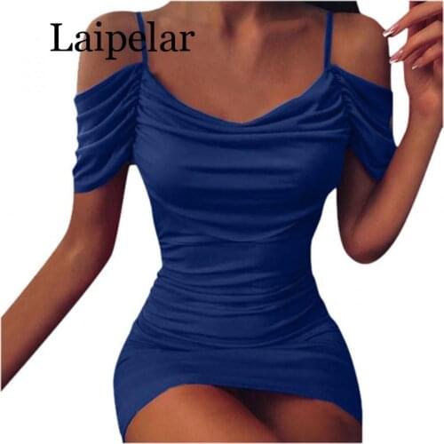 2020 Dress vestidos Fashion Sexy Spaghetti Strap Cold Shoulder Dress Silk Short Sleeve Mini Dress Momen