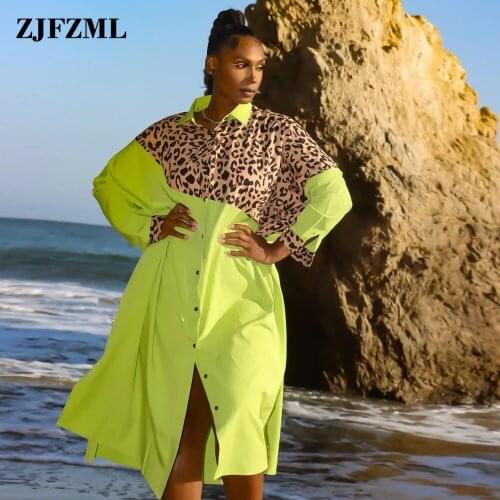 Neon Green Leopard Patchwoork Shirt Dresses Women Turn Down Collar Long Sleeve Blouse Dress Autumn Fall Side Split Button Robe