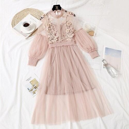 2021 Spring Vintage Lace Dress Women Mesh Dresses Sweet Lantern Sleeve Long Dress Female Princess Dresses 2 Piece Set Vestido