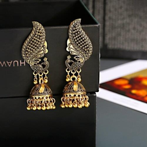 Retro Gold Peacock Bollywood Oxidized Earrings Gypsy Jewelry For Women Ethnic Afghan Birdcage Carved Jhumka Earrings