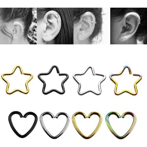 4pcs Heart Star Nose Septum Rings Women Septums Hoop Piercing Jewelry 16G Surgical Steel Ear Helix Clicker Piercings Earring