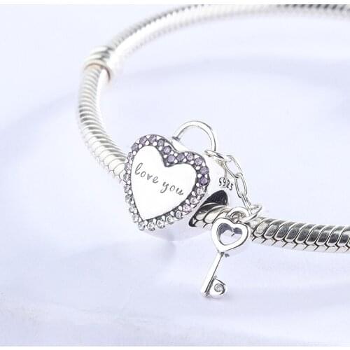 925 Sterling Silver CZ Colorful Zircon Simple Personalized Heart-Shaped Key Lock Pendant Charm Bracelet DIY Jewelry For Pandora
