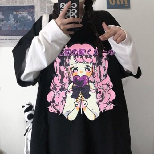 Japanese Cute Anime Cartoon Print O-neck Cotton Fake Two-piece Long-sleeved T-shirt Sweet Y2K Harajuku Goth Hip hop Streetwear