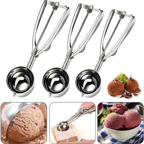 3pcs/set 3 Size Stainless Steel Ice Cream Scoop Stack Spoon With Trigger Cookie Spoons Handle Fruit Baller Kitchen Tools Set CSV