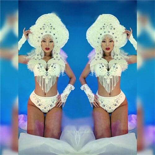M41 White caywalk performance dress dj headwear ds bodysuit pearl bikini singer wears dance costume ballroom clothe bra disco dj
