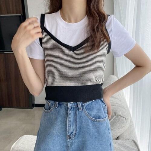 Fashion Stripe Tanks Tops Summer Knitted V-neck Vest Female Bottoming Camis