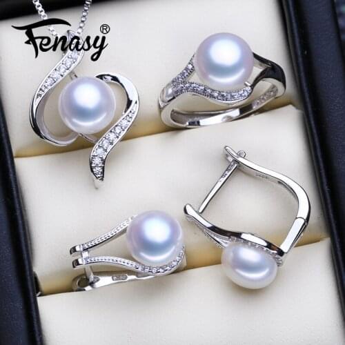 FENASY 925 Sterling Silver Jewelry Sets Natural Pearl Clip Earrings Custom Bohemian Pendant Chain Necklace For Women Ring Set
