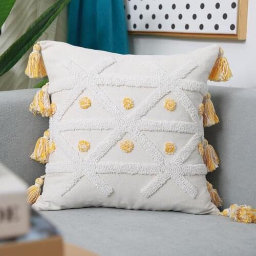 Yellow Ivory cushion cover 45x45cm/30x50cm pillow cover Tufed Boho Style Tassles for Home decoration For Living Room Bedroom