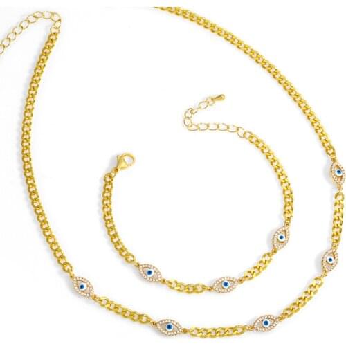 1 Set Bling Iced Out CZ Evil Eye Shape Choker Necklace For Women Copper Cuban Link Chain Temperament Jewelry