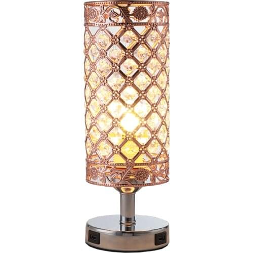 Iron Hollow Crystal Bedside Table Lamp Touch Control Adjustable 2 USB (2.1A)charging Ports Hotel Home Warm Romantic Night Light