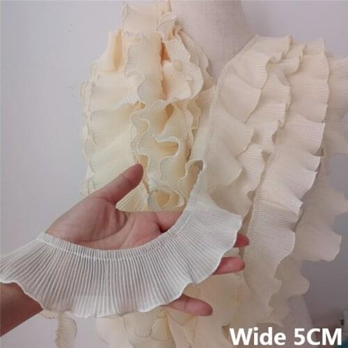 5CM Wide Beige Frilled Chiffon Fabric Elastic Lace Collar Cuffs Fringe Ruffle Trim Dress Guipure DIY Material Sewing Decoration