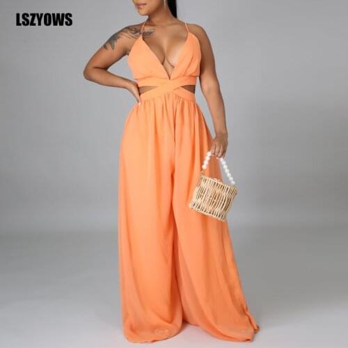 Straps V-Neck Chiffon Jumpsuit Romper Women Sexy Waist Cut Out Backless Long Jumpsuits Summer Female Casual Loose Wide Leg Pants