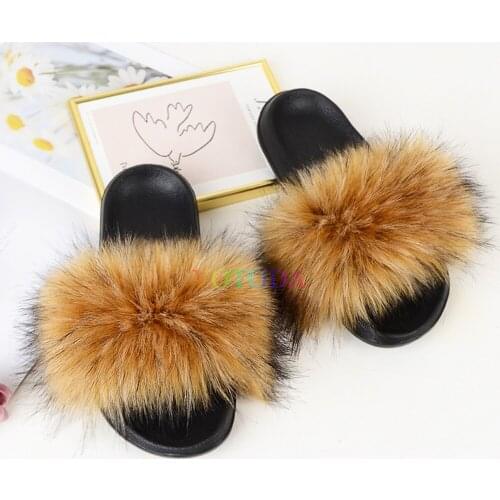 Summer Women Fur Slides Fluffy Faux Fur Slippers Woman Raccoon Fur Slippers Home Furry Flat Flip Flops Casual Plush Female Shoes
