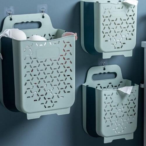 Foldable Laundry Basket Wall-Mounted Collapsible Hanging Plastic Storage Box Bin with Handle Bathroom Sundries Organizer