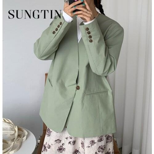 Sungtin Korean V-Neck Casual Blazer Jackets Women Office Lady Loose Work Blazer Suit Coat Solid Vintage Elegant Outwear Chic OL