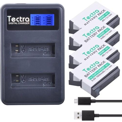 Tectra 4PCS AHDBT-401 AHDBT 401 AHDBT401 1600mAh Camera Battery + LCD USB Dual Charger for GoPro Hero4 Sport Action Camera