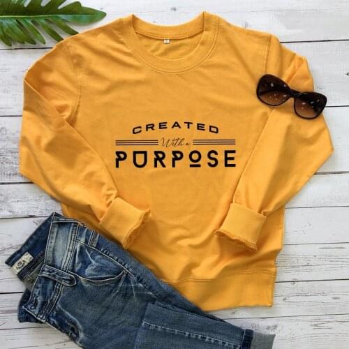 100% Cotton Created With A Purpose Sweatshirt Religious Women Long Sleeve Christian Faith Bible Pullovers