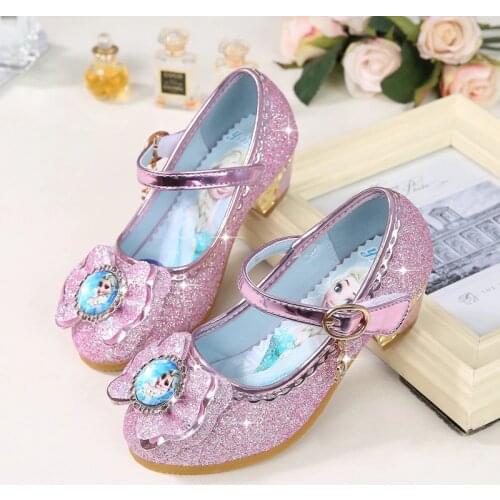 Disney Frozen Princess Kids Leather Shoes For Girls Flower Casual Glitter Children High Heel Shoes Blue Pink Silver