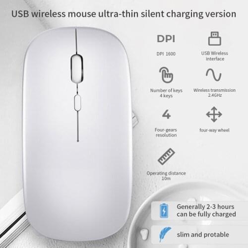 1600 DPI Ultra-thin Rechargeable Wireless Mouse 2.4GHz USB Optical Ergonomic Silent Mouse for Computer Office Laptop Mice