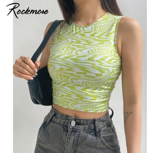 Rockmore Printed Sleeveless Crop Tops Women Y2K T-shirt Summer Fashion Clothes Basic O Neck Tee Harajuku Casual Cropped T-Shirt