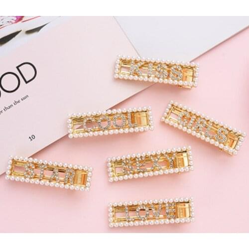 Fashion Hollow Letters Imitation Pearl Hair Clip Crystal Hairpins Sexy/Love/Kiss/Girls Letter Barrettes Women Hair Accessories