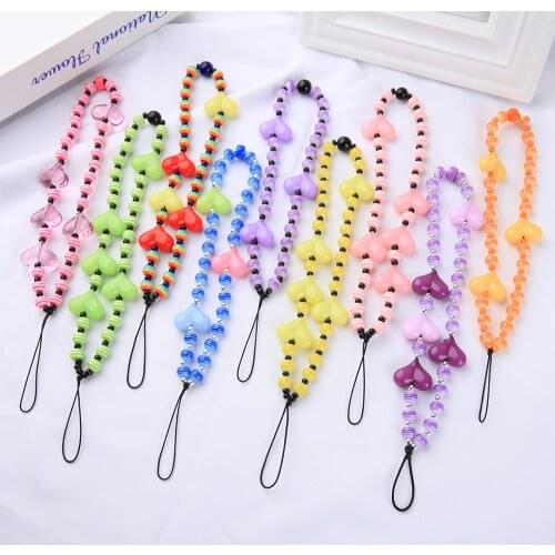 Kissme Multicolor Acrylic Beads Love Heart Mobile Phone Chains For Women Cellphone Strap Anti-lost Lanyard Fashion Accessories