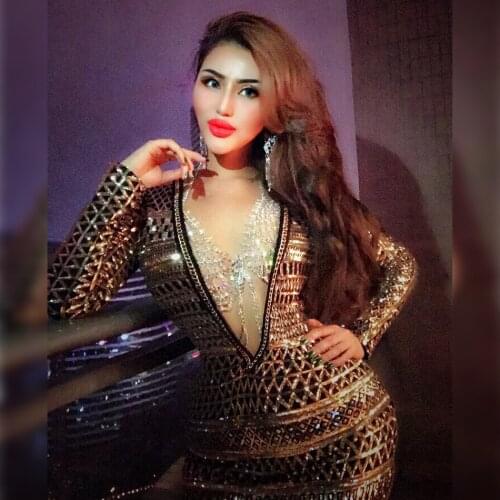 S Curve Gold Sequin Party Dress Long Sleeve Sexy Women Plunge V Neck Geometric Pattern Chain Embellished Nightclub Fashion Dress