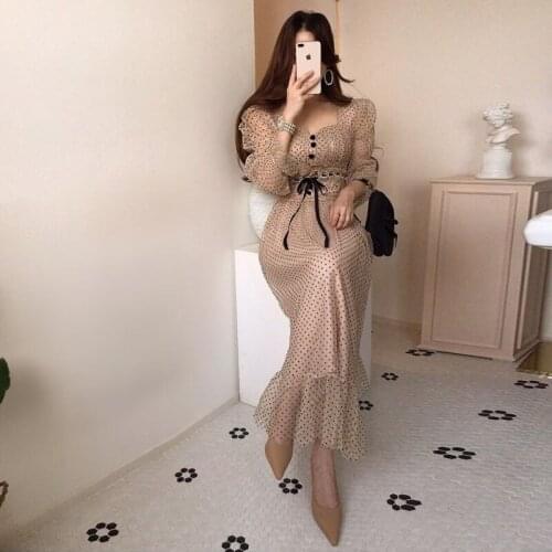 Korean WomenS Dress Fall 2021 Square Neck High Waist Lace Trim Stitching Organza Polka Dot Dress Office Ladies Casual Dresses