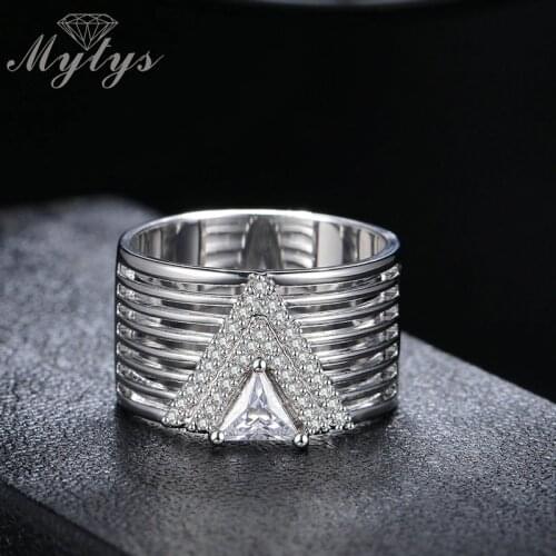 Mytys Triangle Crystal Geometric Hollow Ring for Women Silver Plated R1193