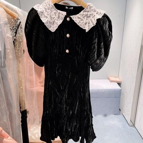 Autumn new French vintage womens black velvet dress lace peter pan collar pearl buttons short puff sleeves a-line dress Female
