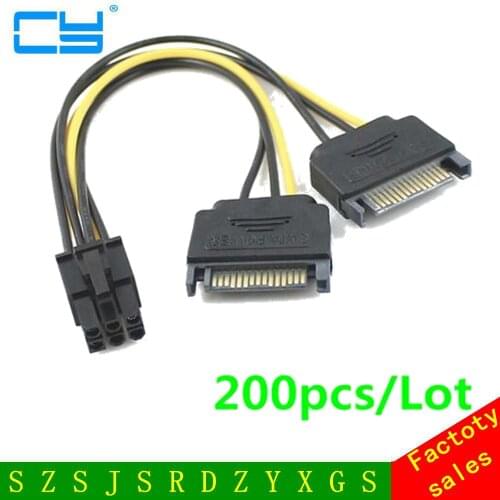 200pcs/lot Dual SATA 15 Pin Male to pcie pci express pci-express PCI-e Express Card 6 Pin Female Graphics Video Card Power Cable