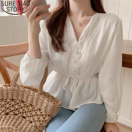 White Blouse Sashes Casual Woman Clothes 2021 Autumn Lace Long Sleeve Shirt V-Neck Women Blouses Shirts Chemisier Femme 6878