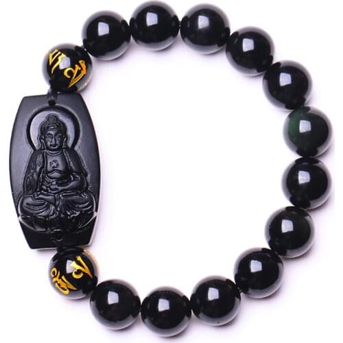 Natural Black Obsidian Buddha Bracelet Eight Patron Saints 8-12mm Chinese Zodiac Round Beads Bracelet Men Women Lucky Jewelry