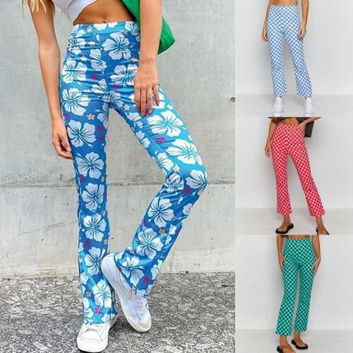 Floral Plaid Printing Pants High Waisted Sexy Women Trousers Long Skinny Summer Slim Comfortable Thin Fashion Casual Slacks