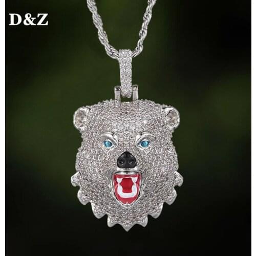 D&Z New Fierce Bear Pendant Iced Out Bling Cubic Zirconia Necklaces & Pendants For Men Women Rapper Jewelry With Solid Back