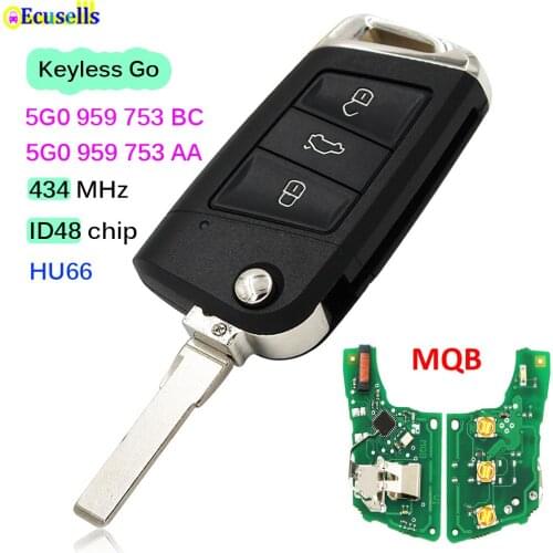 3 Buttons Keyless Go Remote Key 434MHz ID48 Chip for Volkswagen MQB Golf VII MK7 Skoda Octavia A7 2017 P/N: 5G0 959 753 BC/AA