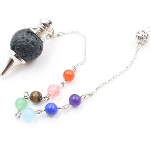 FYSL Silver Plated Black Lava Stone Pendulum for Dowsing Pendant with Small Beads Chain Healing Chakra Jewelry