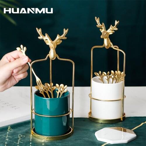 Elk Ceramic Storage Jar/Tank+6Pcs Fruit Fork Set Leaves Luxury Household Stainless Steel Cake Dessert Flatware Tools Tableware