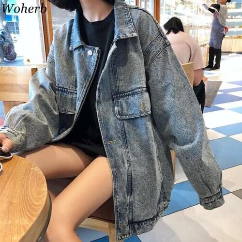 Woherb Jeans Jacket Women Oversized Long Sleeve Denim Jackets Casual Loose Pockets Coat Female Vintage Blue Jacket Streetwear
