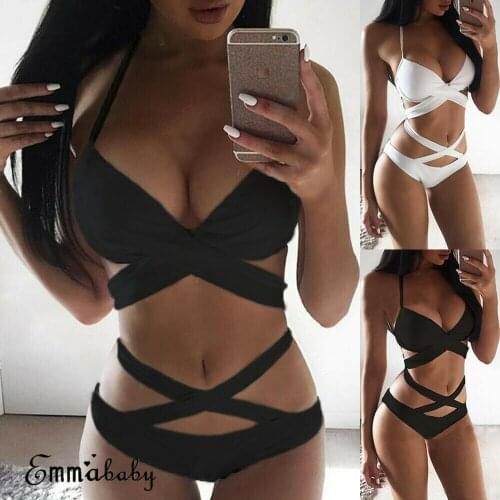 Summer New Swimwear Bikini Set Women Sexy Bandage Hollow Out Swimsuit Solid color Beach Wear Swimming Suit