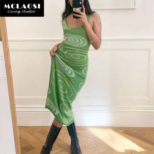 MCLAOSI 2021 Print Knit Bodycon Dress Women Green Summer Hollow Out Sexy Sleeveless Spaghetti Strap Beach Midi Dresses Party