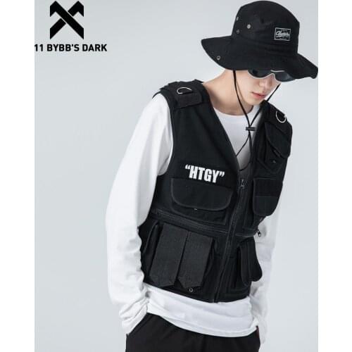 11 BYBBS DARK Men Sleeveless Cargo Vests Drawstring Stitching Multi Pockets Zipper Vests Jacket Techwear Tank Tops Outwear