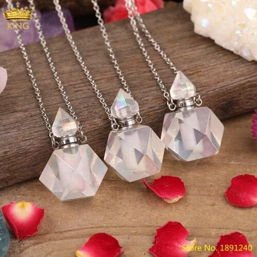 Natural Aura White Qaurtz Square Perfume Bottle Reiki Pendant Necklace Women Crystal Stone Essential Diffuser Vial Necklace Gift