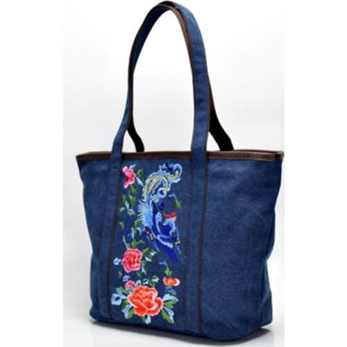 New national wind embroidered big bag female bag solid color canvas embroidery casual large capacity shoulder bag