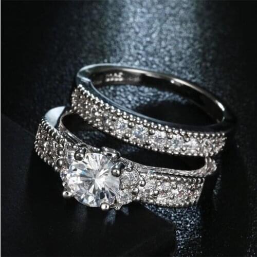 Luxury Gorgeous Women Jewelry White Zircon Bridal Couple Rings for Wedding Engagement Set Gifts
